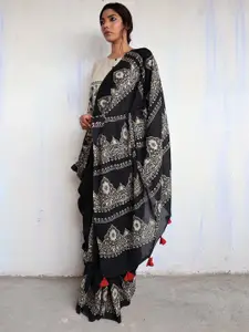 Chidiyaa Black & White Ethnic Motifs Pure Cotton Saree