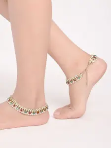 Efulgenz Gold-Plated Multi-Coloured Crystal-Studded & Pearl Beaded Anklet Set