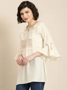 Sangria Women Off White Ethnic Motifs Embroidered Longline Ethnic Top