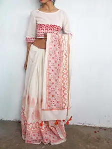 Chidiyaa Red & White Ethnic Motifs Pure Cotton Saree