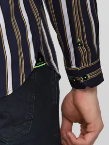 V Dot Men Navy Blue Slim Fit Striped Casual Shirt