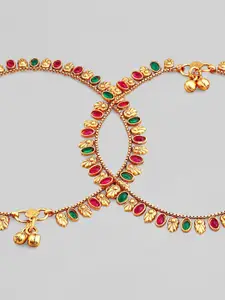 Rubans Women Set Of 2 Gold Plated Red & Green Stone Studded Anklet