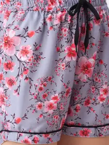 NOIRA Women Grey & Pink Printed Lounge Shorts