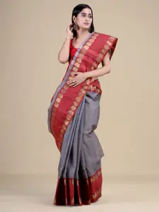 Laa Calcutta Women Grey & Red Woven Design Jute Silk Jamdani Saree