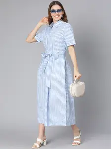 Oxolloxo Women Blue Striped Shirt Cotton Midi Dress