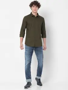 SPYKAR Men Olive Green Slim Fit Cotton Casual Shirt