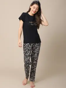 Boston Club Women Black & White Printed Night suit