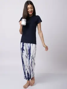 Boston Club Women Navy Blue & White Tie and Dye Cotton Night suit