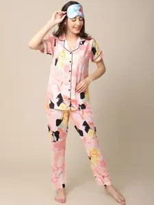 Claura Women Peach-Coloured & Black Printed Night Suit