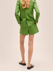 MANGO Women Olive Green Paper Bag Fit Fit High-Rise Linen Shorts