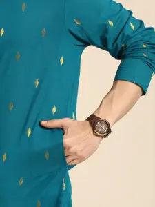 Anouk Men Teal Blue Ethnic Motifs Woven Design Pure Cotton A-Line Kurta