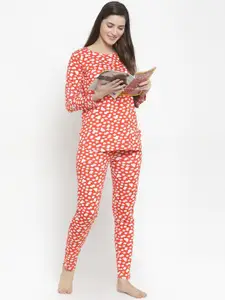 Claura Women Orange & White Printed Night Suit