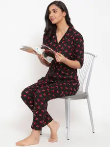 Claura Women Black & Red Printed Pure Cotton Night suit