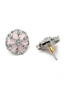 KARATCART Women Silver-Toned & Pink Contemporary AD Studs Earrings