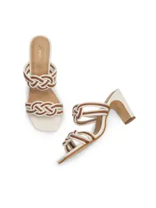 DressBerry Women White & Beige PU Block Sandals with Tassels