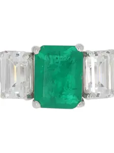 ANAYRA 925 Sterling Silver Silver-Toned White & Green AD-Studded Finger Ring