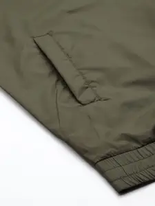 Sztori Men Plus Size Olive Green Solid Bomber Jacket With Zip Detail