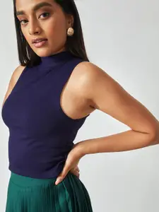 The Label Life Women Blue Solid High Neck Crepe Crop Top