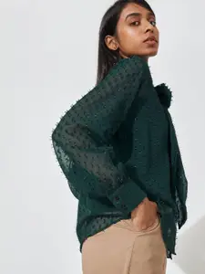 The Label Life Women Green Comfort Printed Sheer Pussybow Casual Shirt