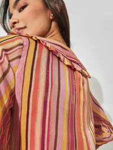 The Label Life Women Multicoloured Comfort Striped Ruffle Collar Casual Shirt