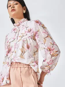 The Label Life Women Pink Comfort Floral Printed High Collar Casual Shirt
