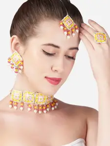 Zaveri Pearls Gold-Plated Yellow & Pink Stone-Beaded Meenakari Choker Necklace Jewellery Set