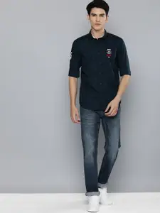 Flying Machine Men Navy Blue Slim Fit Brand Logo Printed Applique Pure Cotton Casual Shirt