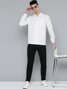 Flying Machine Men White Checked Opaque Self Design Pure Cotton Hooded Casual Shirt