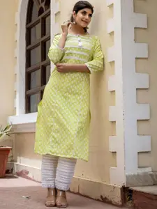 KAAJH Women Green & celery green Geometric Printed Summer Sheers Kurta