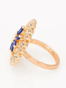 aadita Rose Gold-Plated Blue & White Stone-Studded Finger Ring