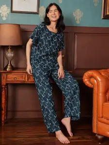 Clovia Women Teal & White Printed Night suit