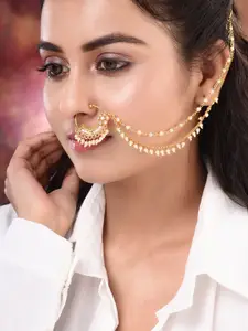 Saraf RS Jewellery Gold-Plated White CZ Studded Pearl Beaded Nose Ring