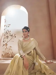 elora Beige & Gold-Toned Woven Design Zari Silk Blend Banarasi Saree
