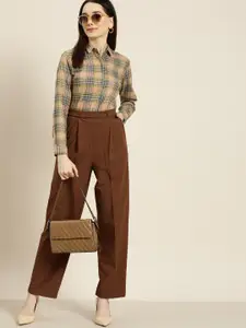 Hancock Women Tan Standard Slim Fit Tartan Checks Pure Cotton Formal Shirt