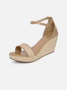 Marc Loire Beige PU Work Wedge Sandals with Laser Cuts