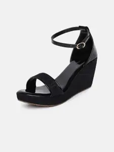 Marc Loire Black PU Work Wedge Sandals