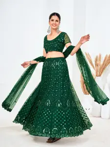 SHOPGARB Green Embellished Sequinned Semi-Stitched Lehenga & Unstitched Blouse With Dupatta