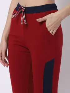 Claura Women Maroon & Navy Blue Solid Pure Cotton Lounge Joggers