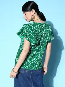 Berrylush Green & White Ditsy Floral Print Crepe Top