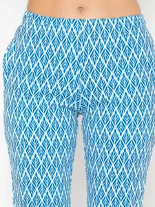 Vami Women Blue & White Geometric Printed Cotton Lounge Pants
