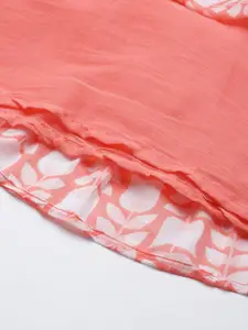 Ishin Coral Pink & White Ethnic Motifs Printed Embellished Tie-Up Neck Cotton A-Line Dress