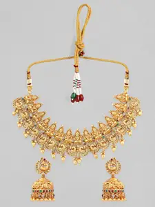 Rubans 24K Gold Plated Laxmi Motif Red Green Stone Studded Gold Beaded Temple Necklace Set