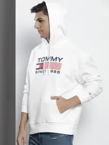 Tommy Hilfiger Men White Brand Logo Printed Hooded Pure Cotton Sweatshirt