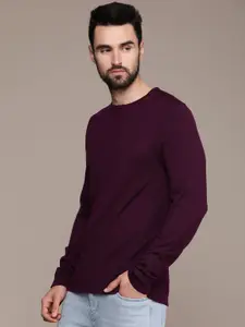 Calvin Klein Jeans Men Purple Solid Woolen Pullover with Brand Logo Embroidered Deatail
