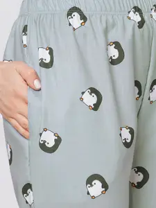 FashionRack Women Pack of 2 Grey & Sea Green Printed Cotton Lounge Pants