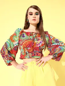Style Quotient Red Ethnic Motifs Volume Play Top