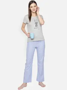 BStories Women Grey & Blue Printed Night suit