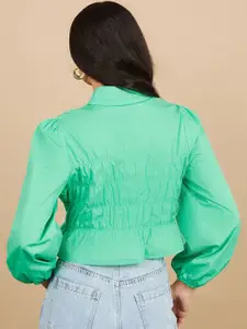 Styli Green Long Sleeves Collared Smocked Detail Shirt