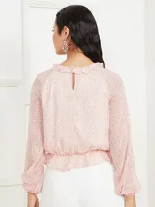 Styli Pink Long Volume Sleeves Ditsy Print Blouse