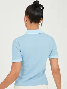 Styli Blue Short Sleeves Textured Knit Polo T-shirt